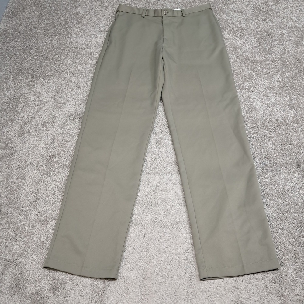 Haggar Mens Flat Front Dress Pants Khaki Green Polyester 33x34 7986